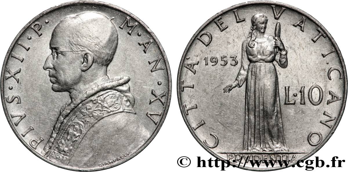 VATIKANSTAAT UND KIRCHENSTAAT 10 Lire Pie XII an XV 1953 Rome SS 