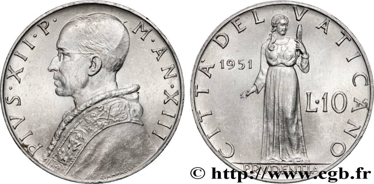 VATICANO E STATO PONTIFICIO 10 Lire Pie XII an XIII 1951 Rome SPL 