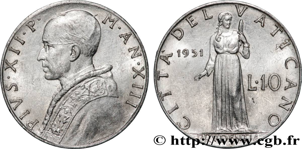 VATICAN ET ÉTATS PONTIFICAUX 10 Lire Pie XII an XIII 1951 Rome TTB 