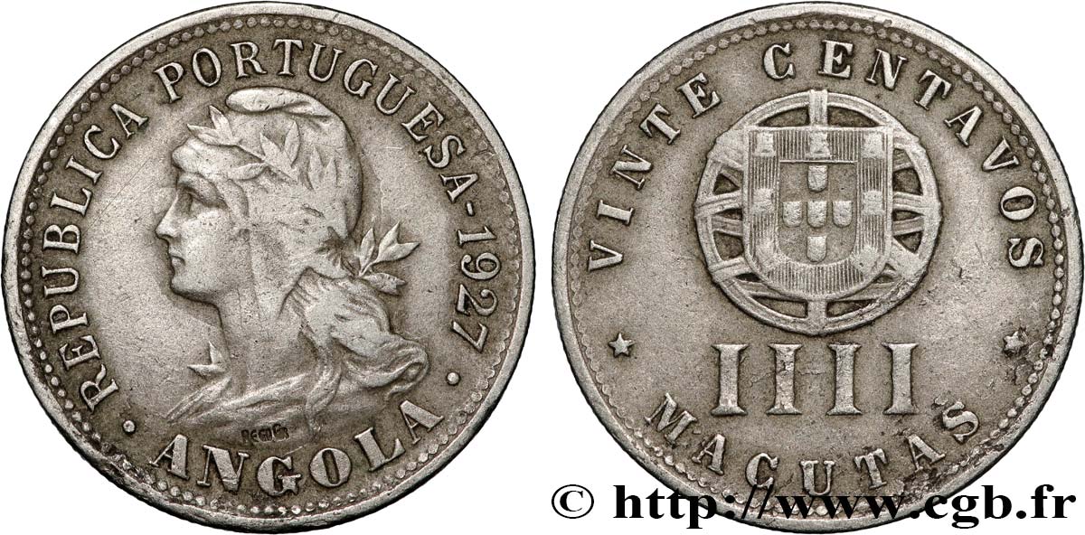 ANGOLA 20 Centavos - IIII Macutas monnayage colonial Portugais 1927  VF 