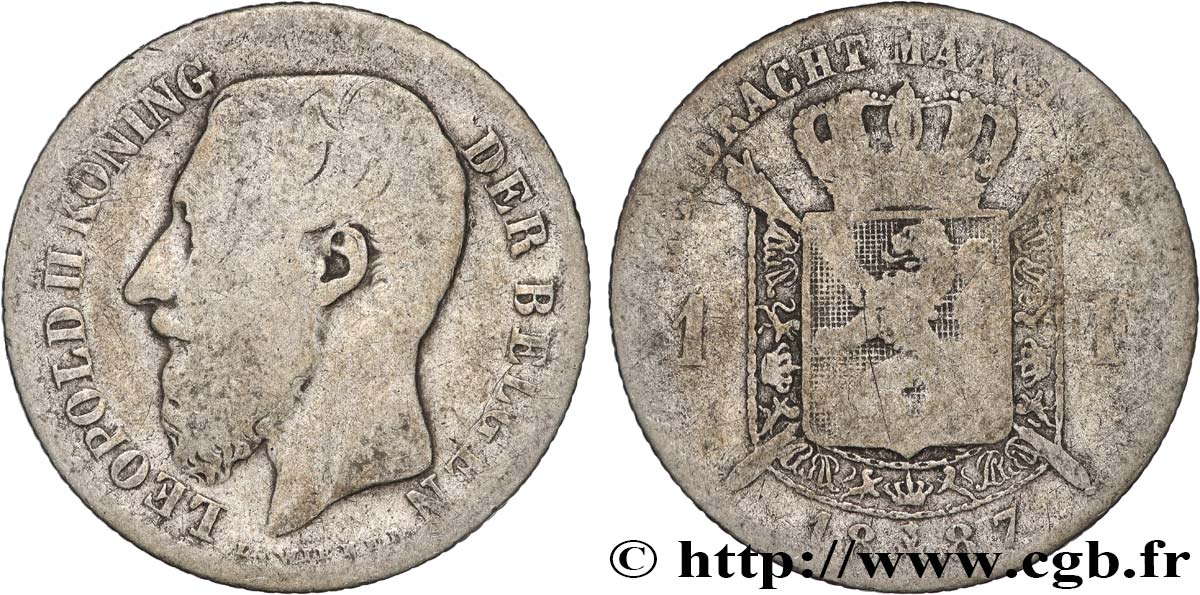 BELGIQUE 1 Frank (Franc) Léopold II légende flamande signature L WIENER 1887  TB 
