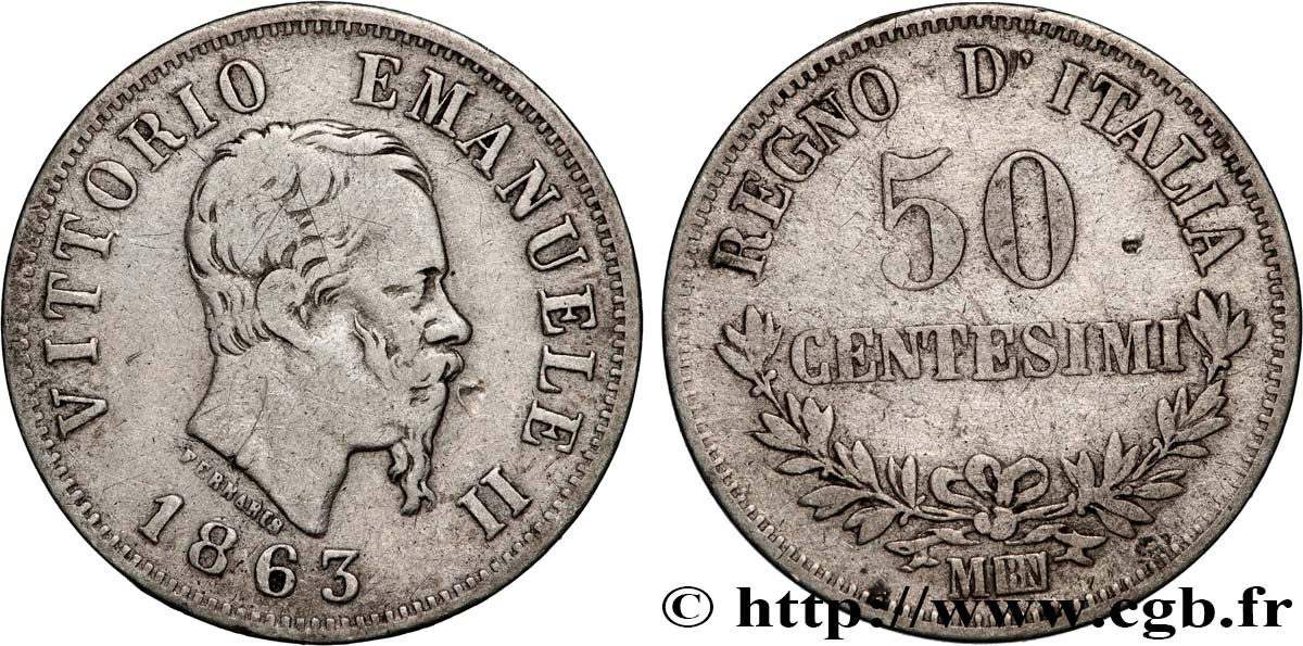 ITALIE 50 Centesimi Victor Emmanuel II type à l’écu 1863 Milan TB 