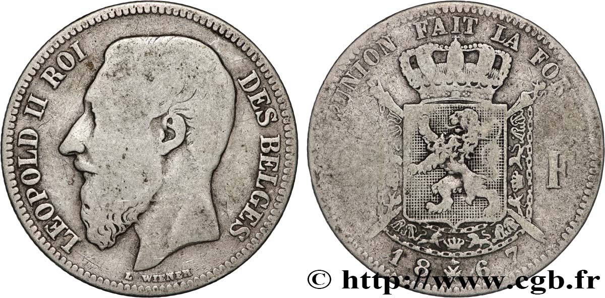 BELGIQUE 2 Francs Léopold II légende française 1867  TB 