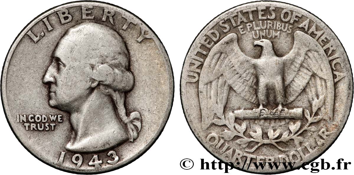 ÉTATS-UNIS D&nbsp;AMÉRIQUE 1/4 Dollar Georges Washington 1943 Philadelphie TB+ 