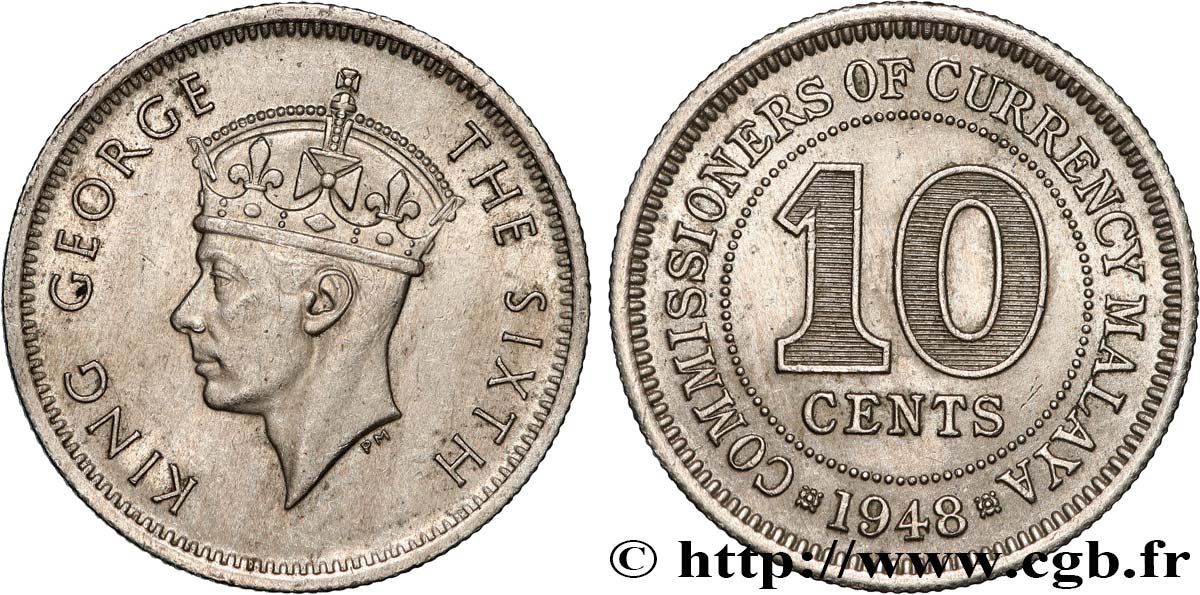 MALAISIE 10 Cents Commission Monétaire de Malaisie Georges VI 1948  SUP 