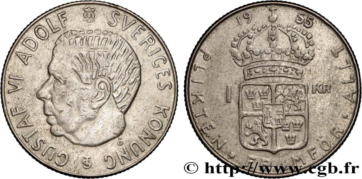 SUÈDE 1 Krona Gustave VI 1955  TTB+ 