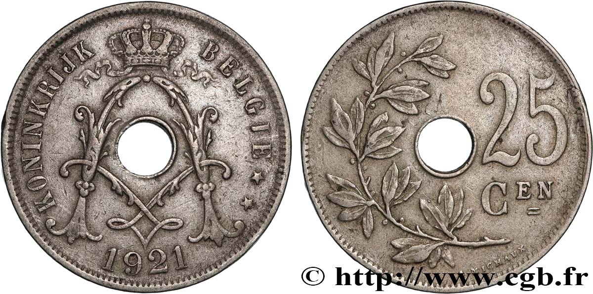 BELGIQUE 25 Centiemen (Centimes) Albert Ier 1921  TTB 