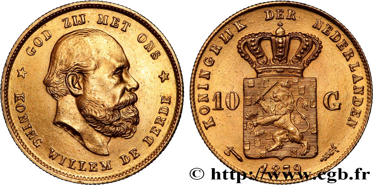 OR, PALLADIUM ET PLATINE INVESTISSEMENT 10 Gulden Guillaume III, 2e type 1879 Utrecht SUP 