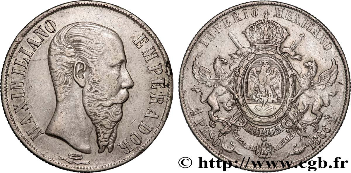 MEXICO - MAXIMILIAN I 1 Peso  1866 Mexico XF 