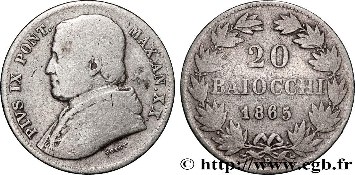 ITALIE - ÉTATS DU PAPE - PIE IX (Jean-Marie Mastai Ferretti) 20 Baiocchi an XX 1865 Rome TB 