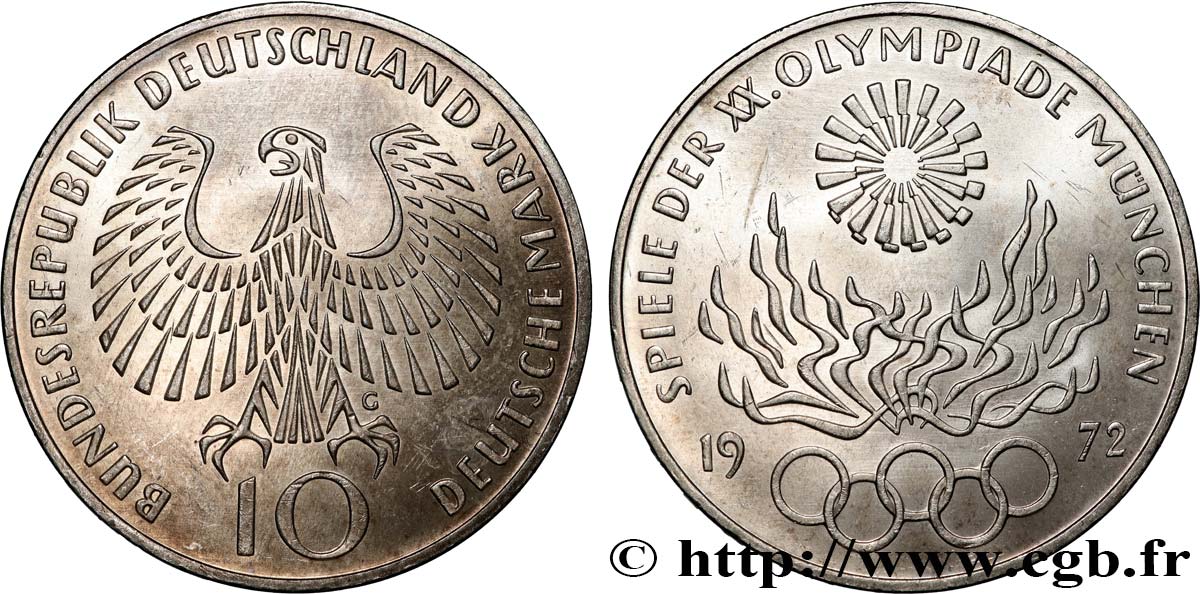 ALLEMAGNE 10 Mark XXe J.O. Munich - Flamme olympique 1972 Karlsruhe SUP 