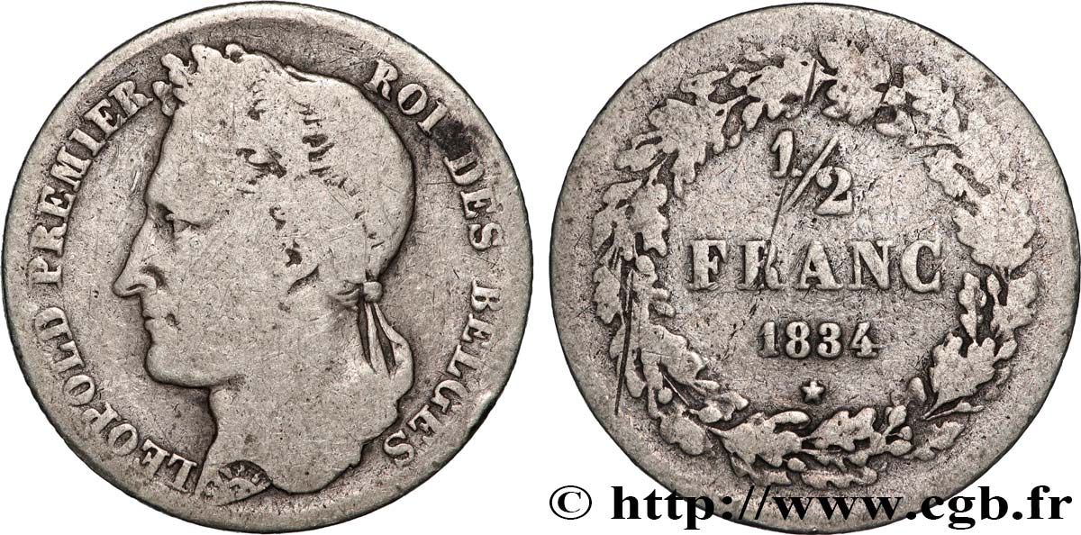 BÉLGICA 1/2 Franc Léopold tête laurée 1834  BC 