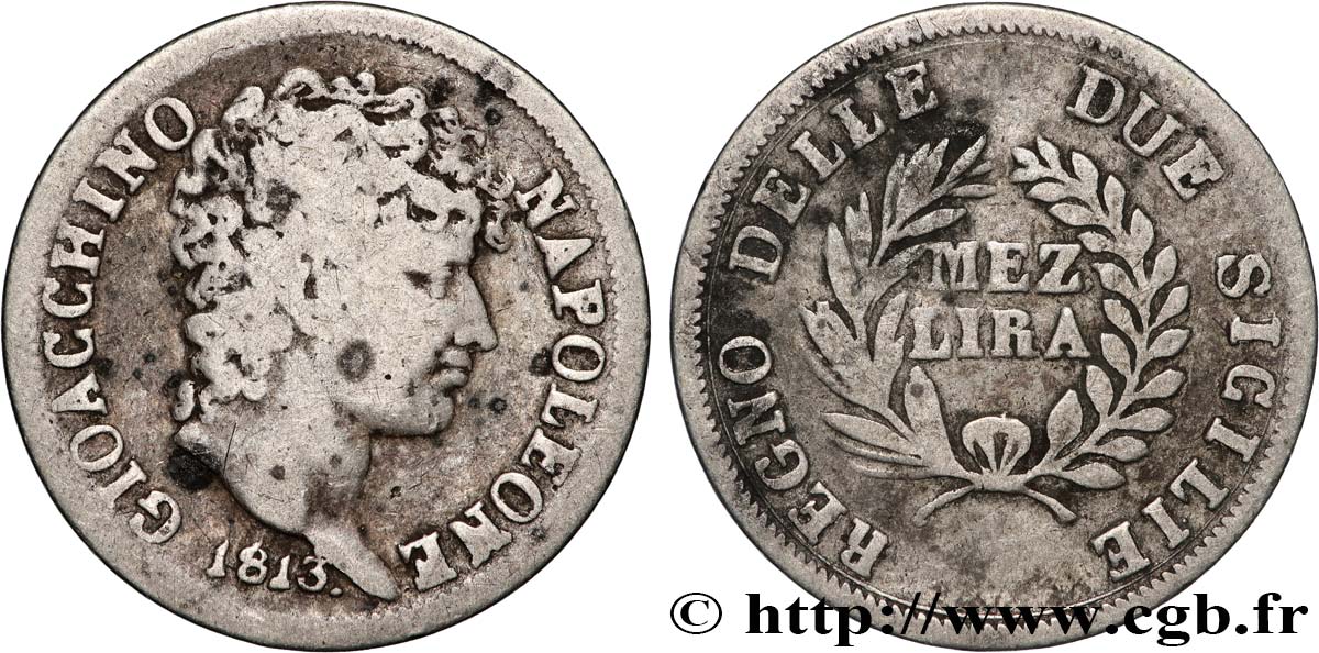 ITALY - KINGDOM OF NAPLES - JOACHIM MURAT 1/2 Lira 1813 Naples VF 