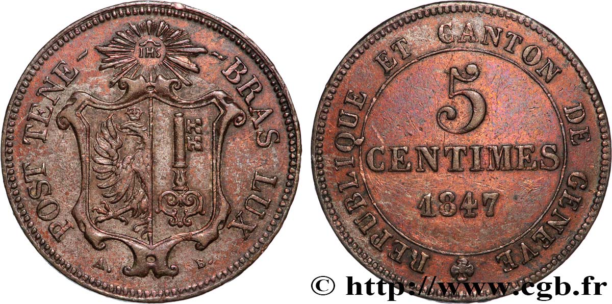 SWITZERLAND - REPUBLIC OF GENEVA 5 Centimes 1847  XF 