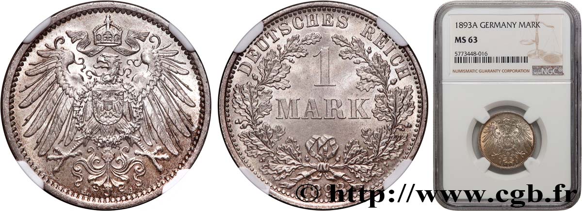 ALLEMAGNE 1 Mark Empire aigle impérial 2e type 1893 Berlin SPL63 NGC