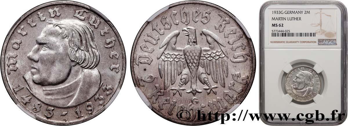 ALLEMAGNE 2 Reichsmark Martin Luther 1933 Karlsruhe SUP62 NGC