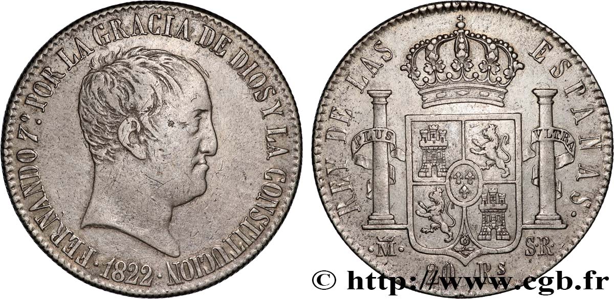 SPAIN - KINGDOM OF SPAIN - FERDINAND VII 20 Reales 1822 Madrid AU 