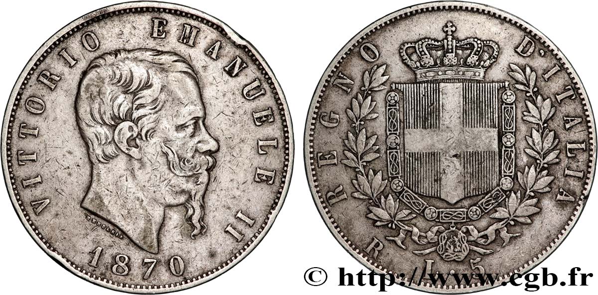 ITALIA - REGNO D ITALIA - VITTORIO EMANUELE II 5 Lire  1870 Rome q.BB 