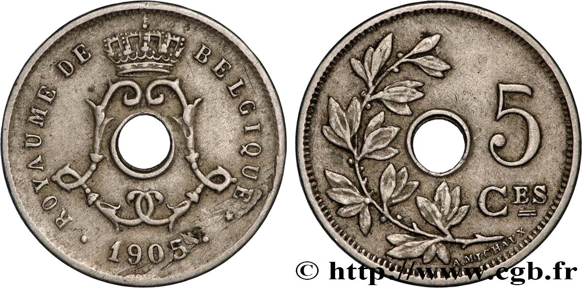 BELGIUM 5 Centimes Léopold II 1905  XF 