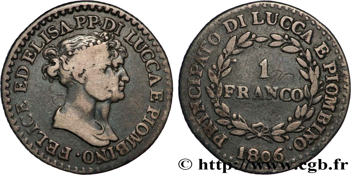 ITALY - PRINCIPALTY OF LUCCA AND PIOMBINO - FELIX BACCIOCHI AND ELISA BONAPARTE 1 Franco  1806 Florence VF 