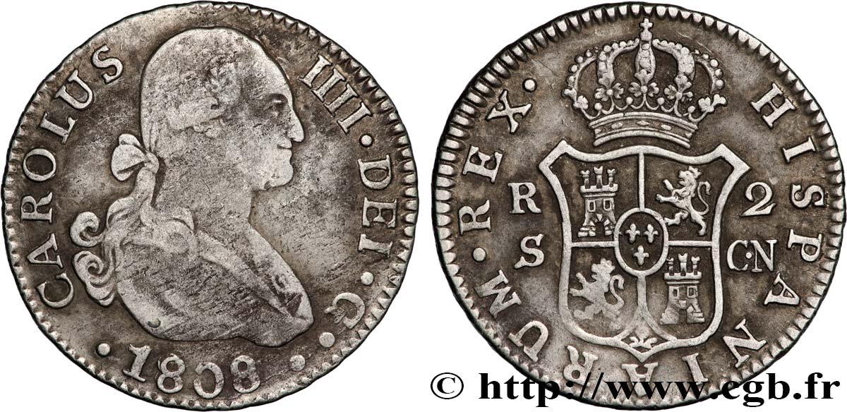 ESPAÑA - REINO DE ESPAÑA - CARLOS IV 2 Reales Charles IV 1808 Séville BC+ 