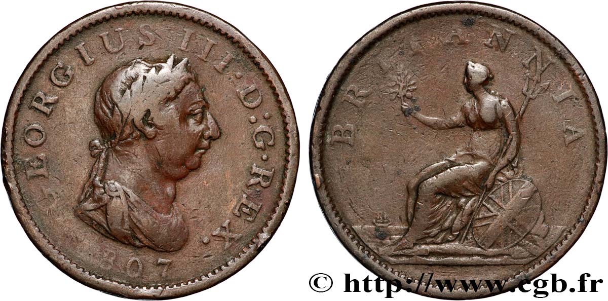 ROYAUME-UNI 1 Penny Georges III tête laurée 1807  TB+ 