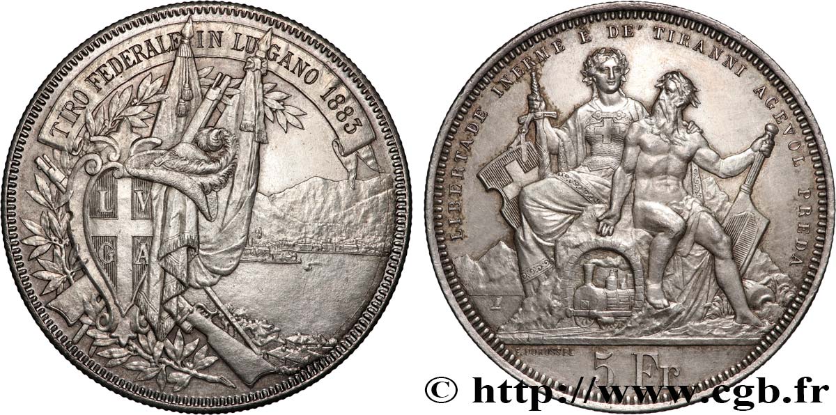 SUISSE 5 Francs, concours de Tir de Lugano 1883  TTB+ 