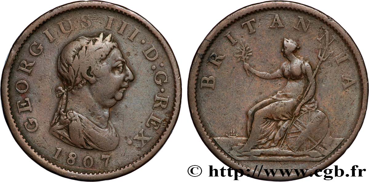 REINO UNIDO 1 Penny Georges III tête laurée 1807  BC+ 