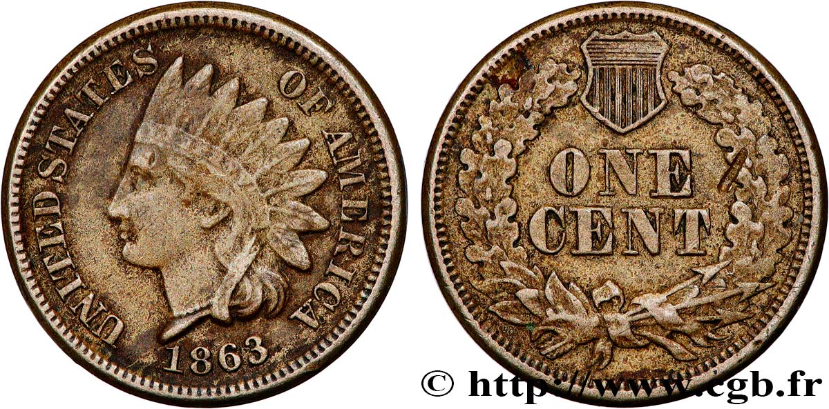 ÉTATS-UNIS D AMÉRIQUE 1 Cent tête d’indien 2e type 1863 Philadelphie TB+ 