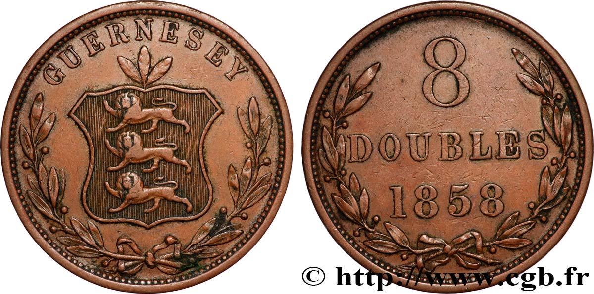 GUERNSEY 8 Doubles armes du baillage de Guernesey 1858 Heaton XF 