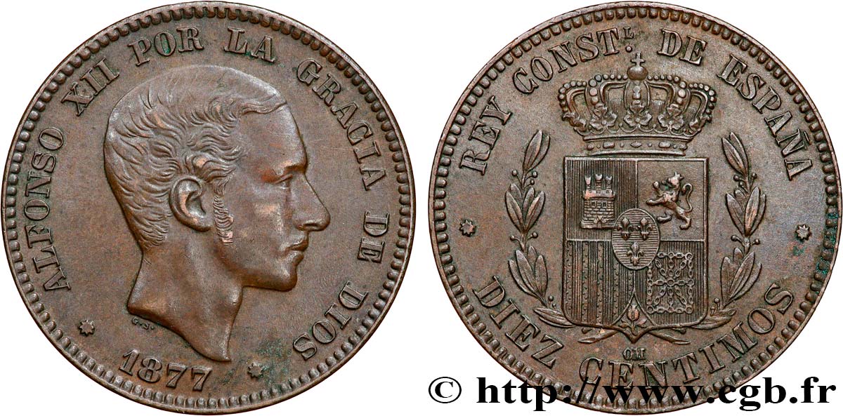 ESPAGNE 10 Centimos Alphonse XII 1877 Oeschger Mesdach & CO TTB+ 