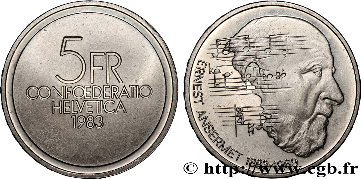 SUISSE 5 Francs 100e anniversaire de la naissance du chef d’orchestre Ernest Ansermet Proof 1983 Berne SUP 