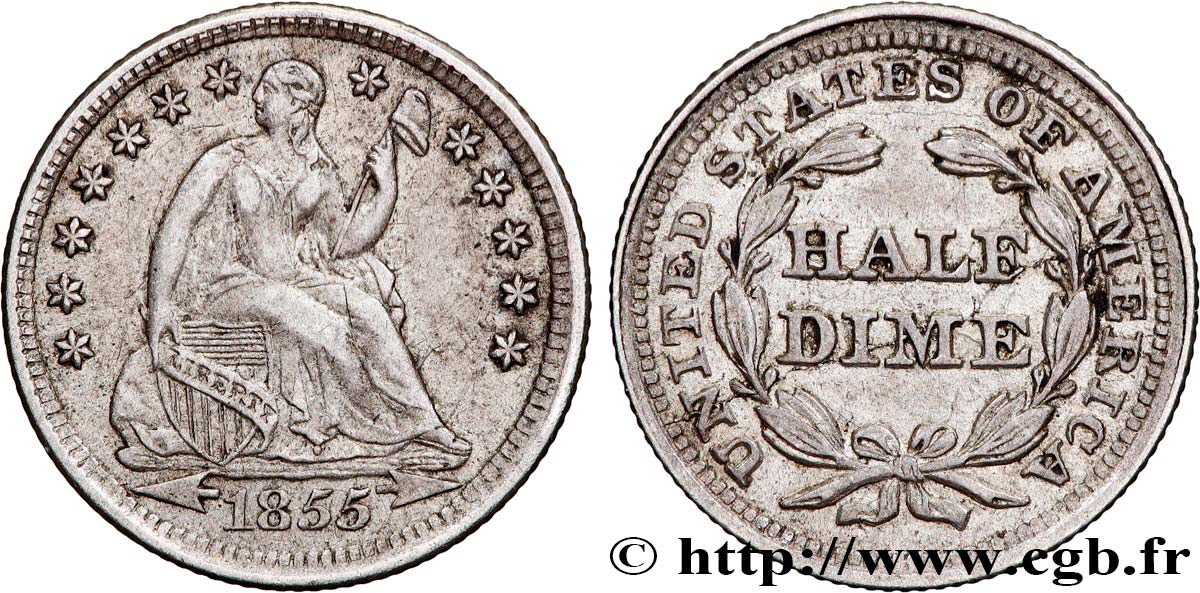 ESTADOS UNIDOS DE AMÉRICA 1/2 Dime Liberté assise 1855 Philadelphie MBC 