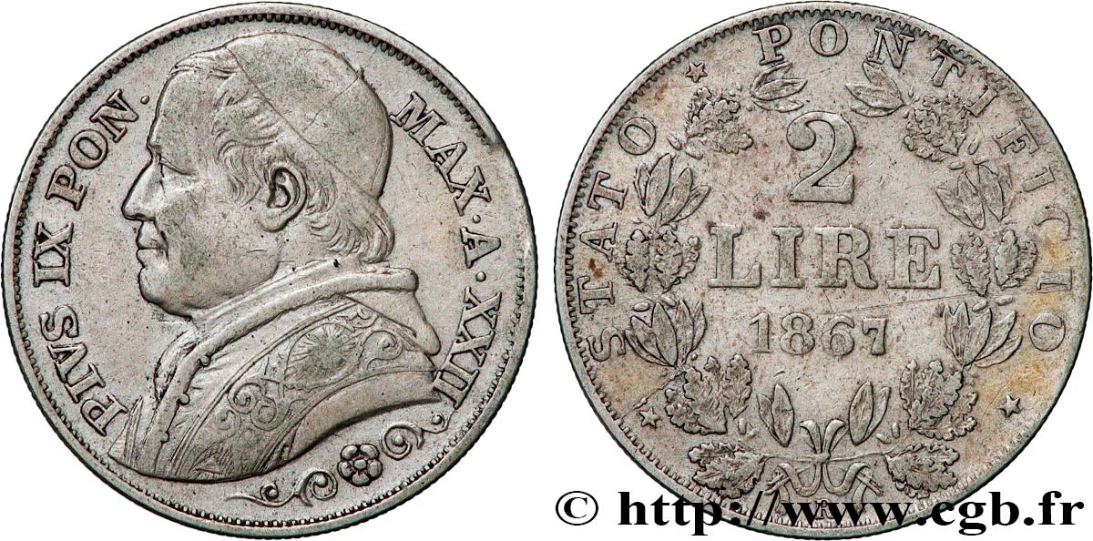 VATICAN ET ÉTATS PONTIFICAUX 2 Lire Pie IX an XXII 1867 Rome TTB 