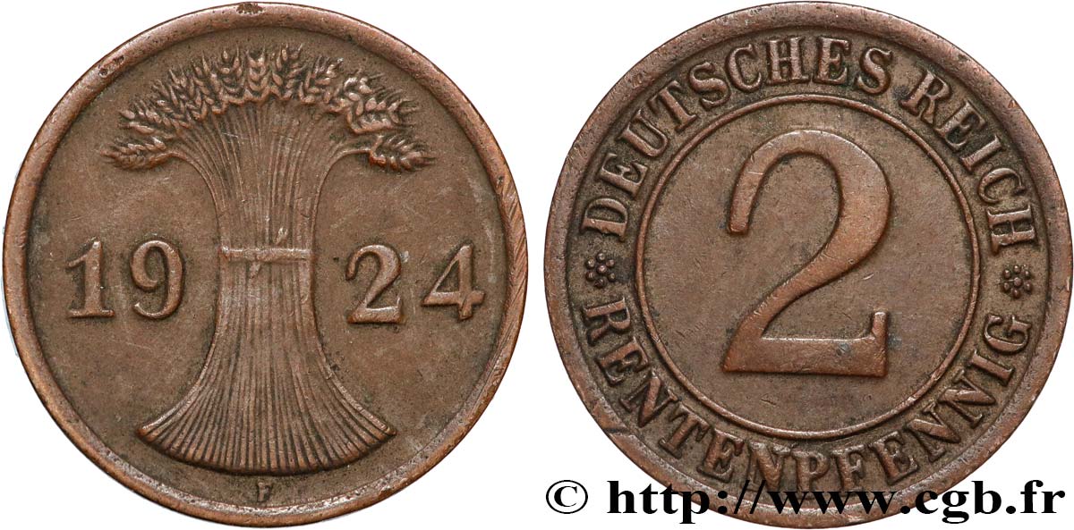 GERMANY 2 Rentenpfennig gerbe de blé 1924 Stuttgart XF 