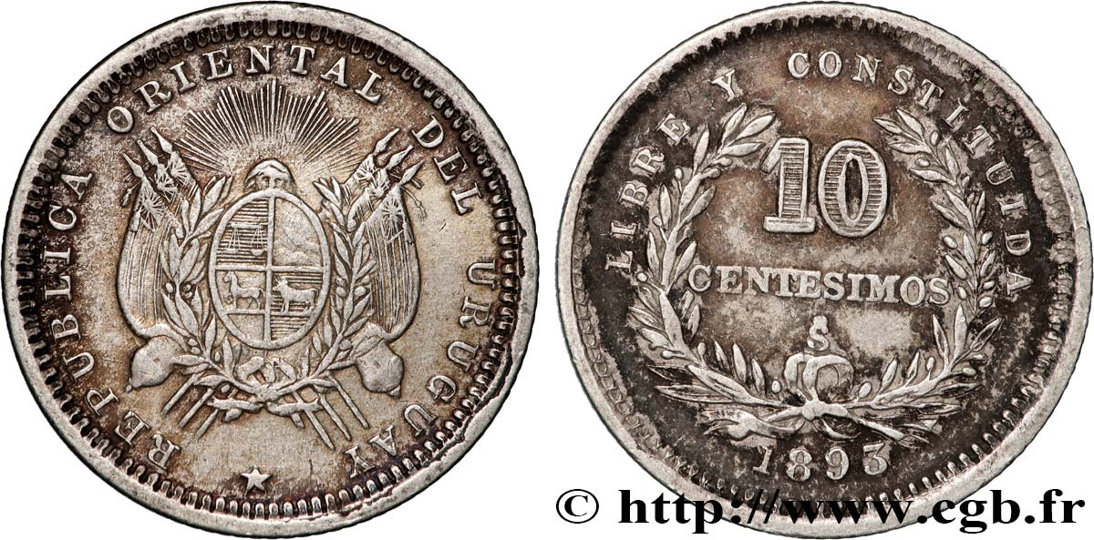 URUGUAY 10 Centesimos emblème  1893 Santiago XF 