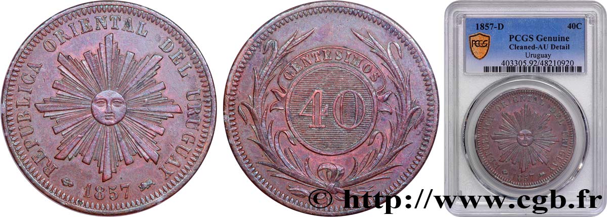 URUGUAY 40 Centesimos 1857 Lyon  EBC PCGS