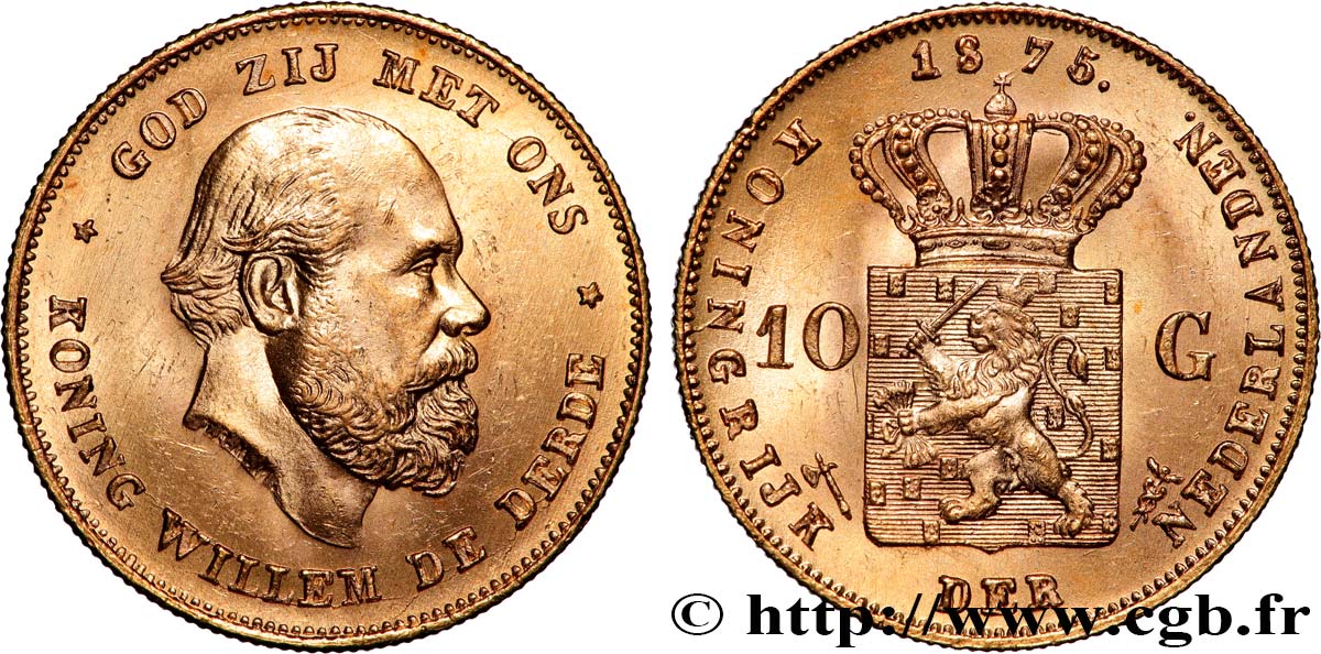 OR, PALLADIUM ET PLATINE INVESTISSEMENT 10 Gulden Guillaume III, 1e type 1875 Utrecht SUP 