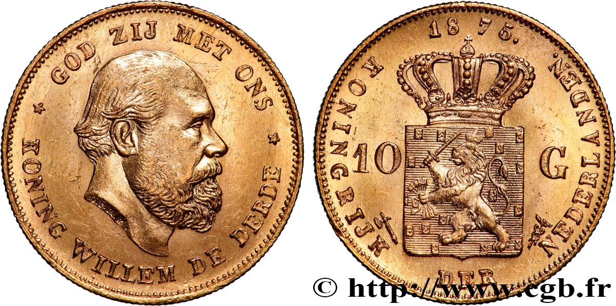 OR, PALLADIUM ET PLATINE INVESTISSEMENT 10 Gulden Guillaume III, 1e type 1875 Utrecht SUP 