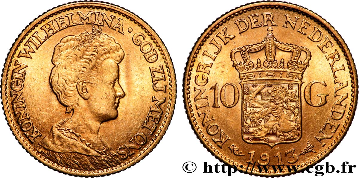 OR, PALLADIUM ET PLATINE INVESTISSEMENT 10 Gulden Wilhelmina 1913 Utrecht SUP 