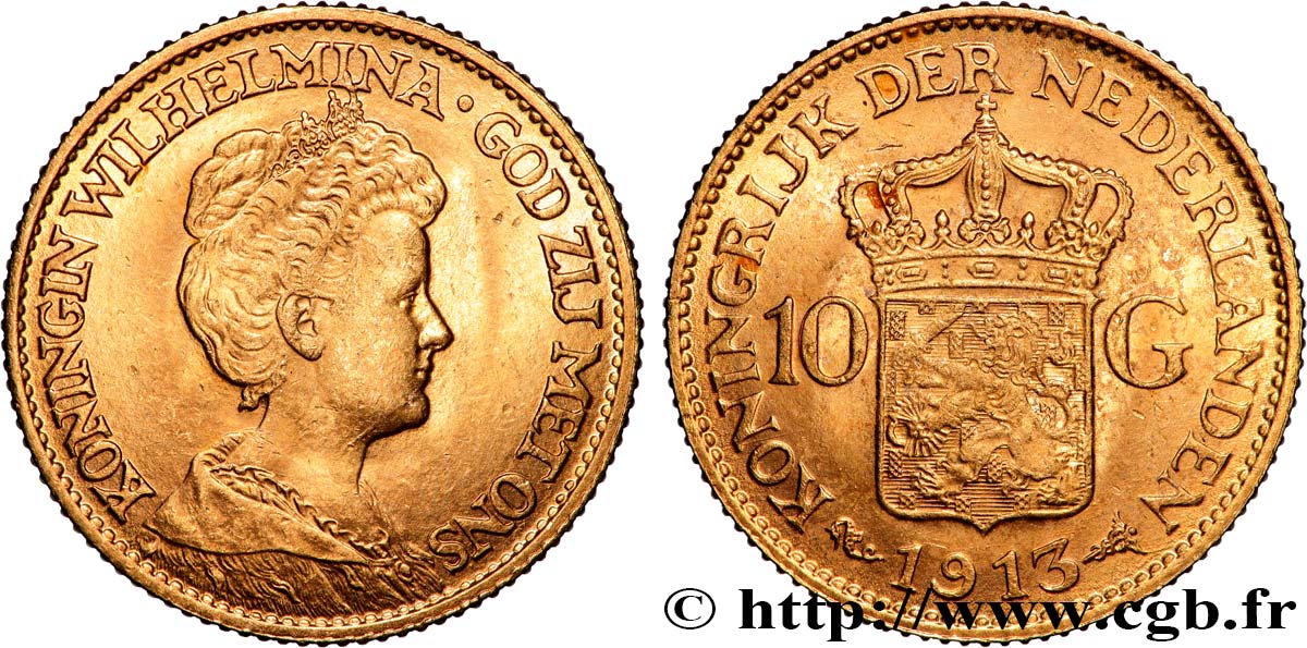 INVESTMENT GOLD 10 Gulden Wilhelmina 1913 Utrecht EBC 