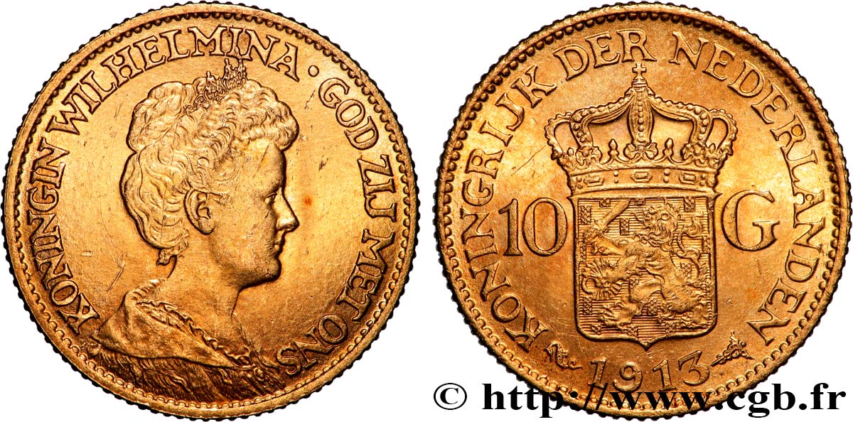 INVESTMENT GOLD 10 Gulden Wilhelmina 1913 Utrecht SPL 