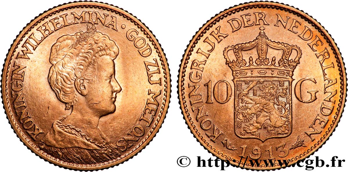 INVESTMENT GOLD 10 Gulden Wilhelmina 1913 Utrecht AU 