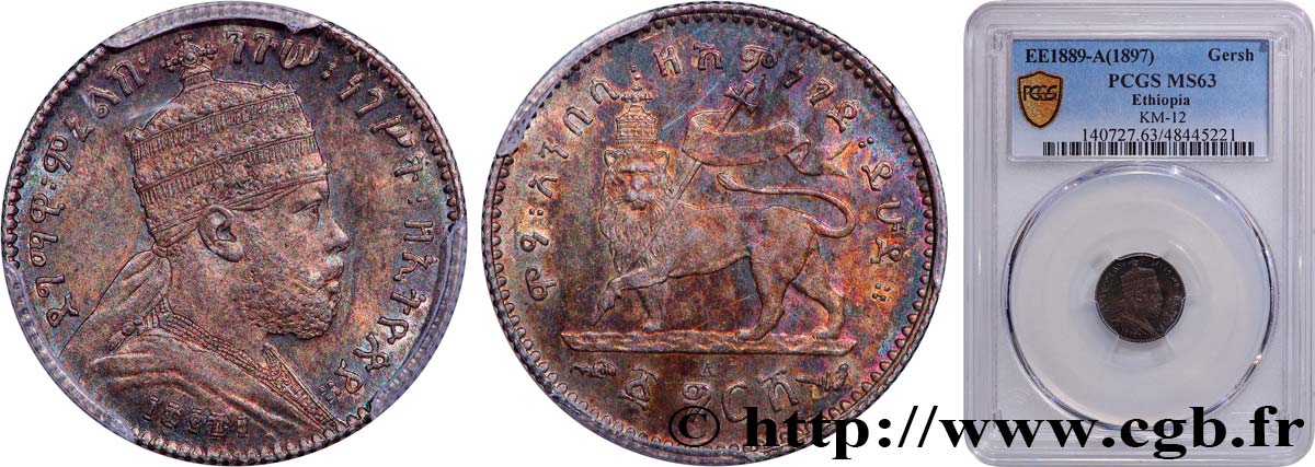 ETIOPIA 1 Gersh Ménélik II EE1889 1897 Paris MS63 PCGS