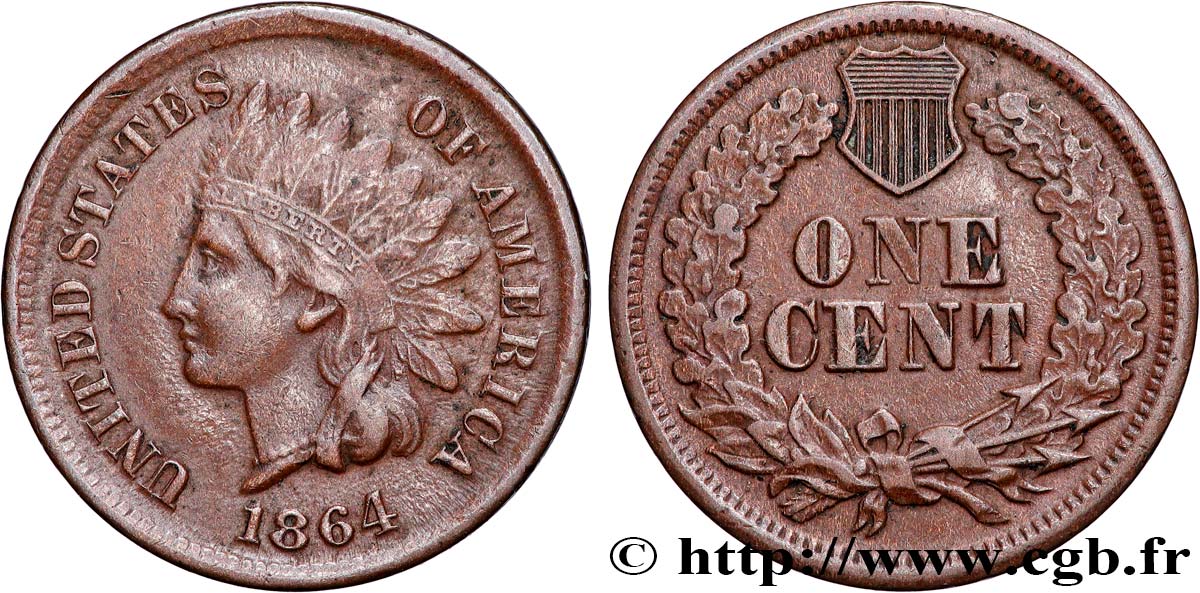 UNITED STATES OF AMERICA 1 Cent tête d’indien, 2e type variété avec L sur le ruban 1864  XF 