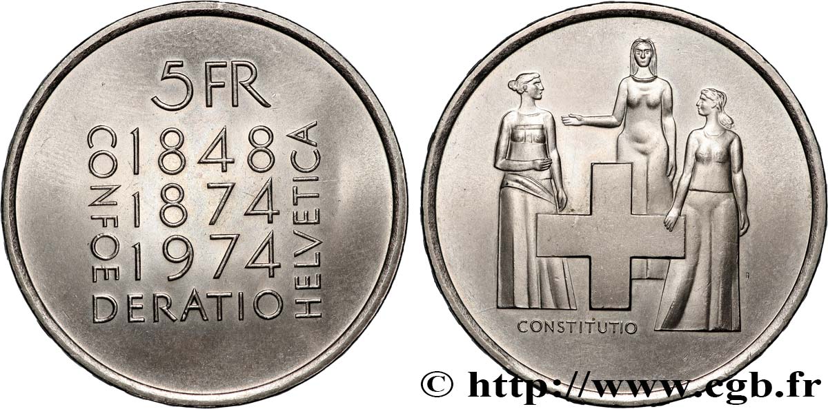 SUISSE 5 Francs centenaire de la révision de la constitution 1974 Berne - B SUP 