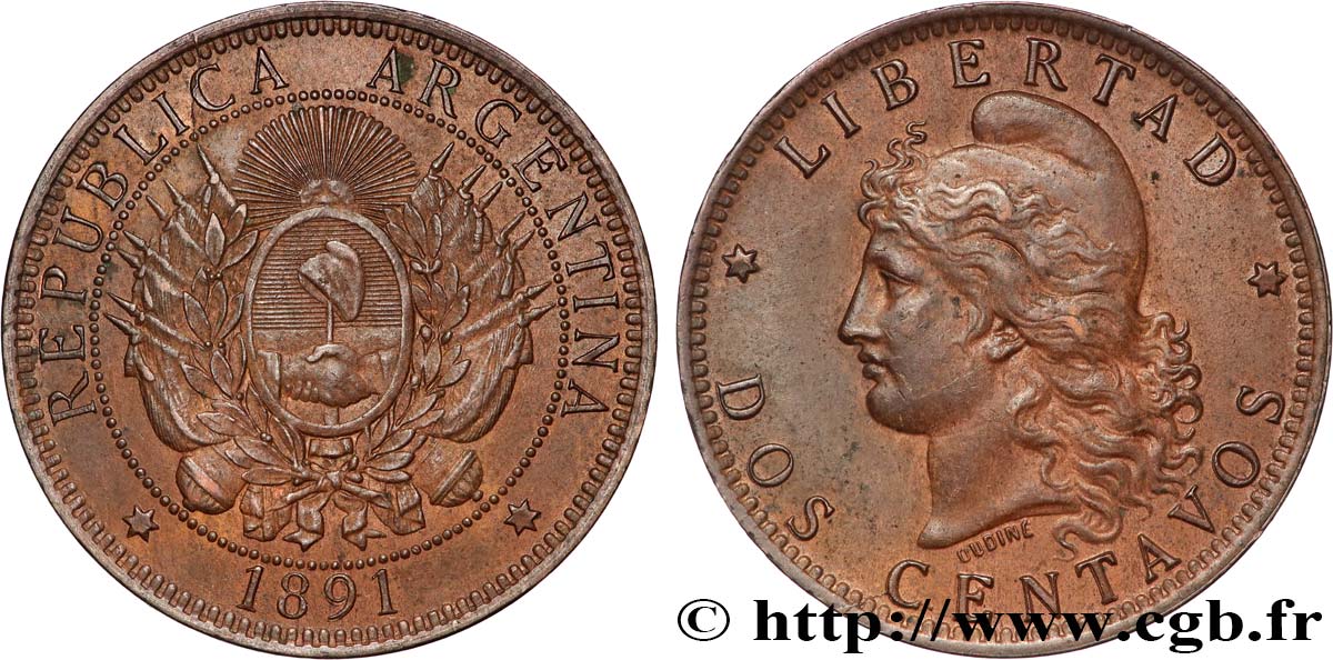 ARGENTINA 2 Centavos emblème / “Liberté” 1891  BB 