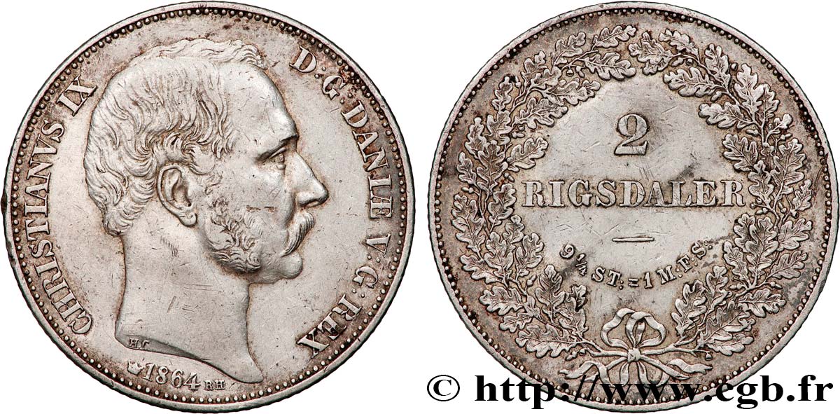 DENMARK - KINGDOM OF DENMARK - CHRISTIAN IX 2 Rigsdaler 1864 Copenhague XF 