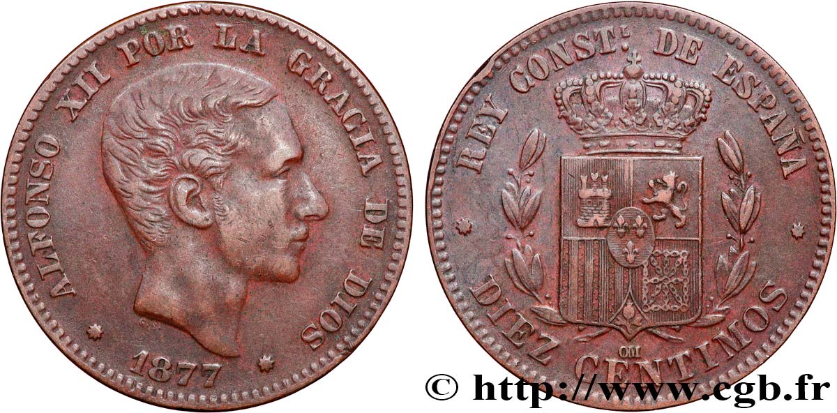 ESPAGNE 10 Centimos Alphonse XII 1877 Oeschger Mesdach & CO TTB+ 