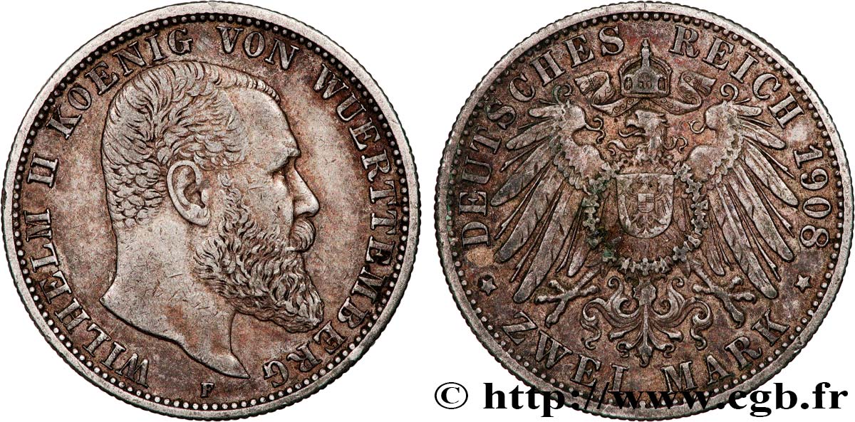 ALEMANIA - WURTEMBERG 2 Mark Guillaume II 1908 Stuttgart MBC+ 